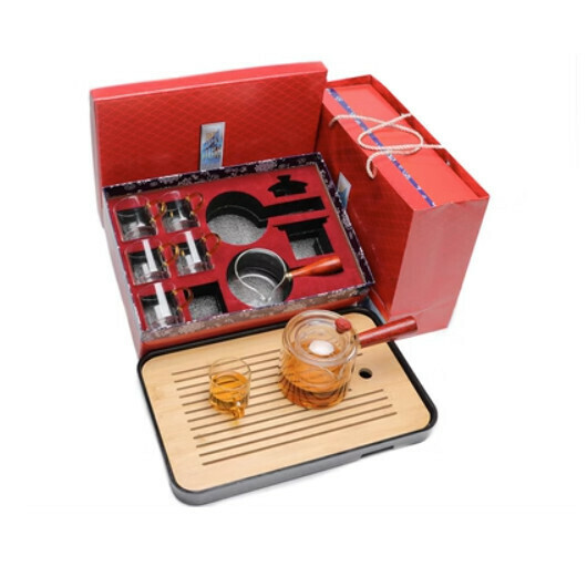 Hot selling high temperature resistant glass tea set [A10 fire kettle 6 cups tea sea gift box + large bamboo plate]