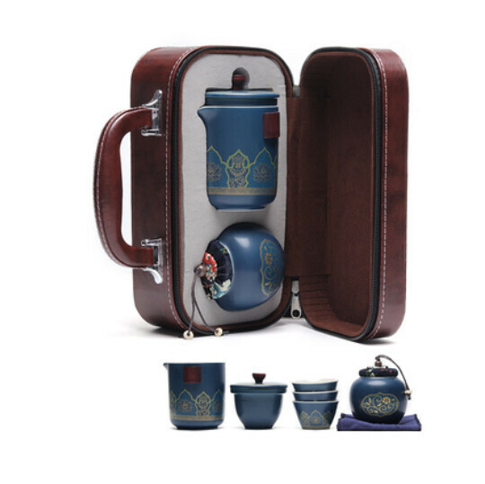 Hot Selling Travel Size Teapot Kung Fu Tea Set [A-Ding Kiln Ancient Style [Indigo] Portable Suitcase]