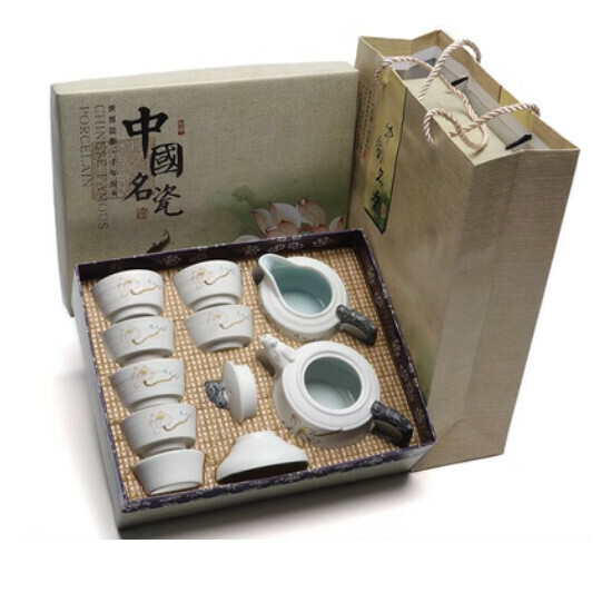 熱賣雪花釉白色陶瓷功夫茶具套裝【A1-【龍壺-宮蓮】10頭茶具】
