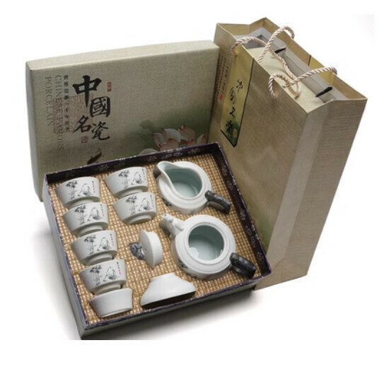 熱賣雪花釉白色陶瓷功夫茶具套裝【A2-【龍壺-墨竹】10頭茶具】