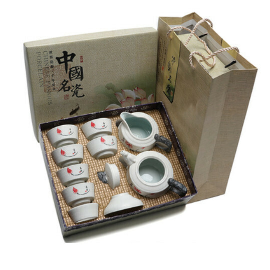 熱賣雪花釉白色陶瓷功夫茶具套裝【A3-【龍壺-荷韻】10頭茶具】