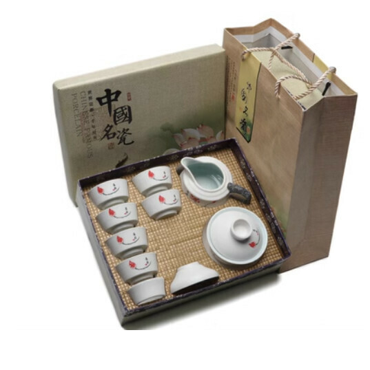 熱賣雪花釉白色陶瓷功夫茶具套裝【A5-【蓋碗·荷韻】10頭茶具】