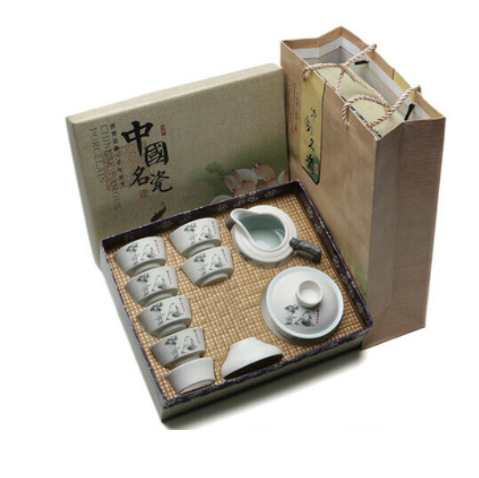 熱賣雪花釉白色陶瓷功夫茶具套裝【A4-【蓋碗·墨竹】10頭茶具】