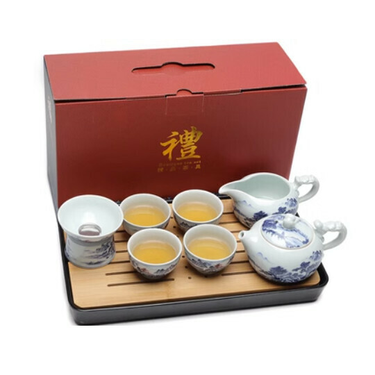 熱賣白瓷功夫茶具組合套裝【A7國畫山水【8頭壺+茶盤】彩盒】