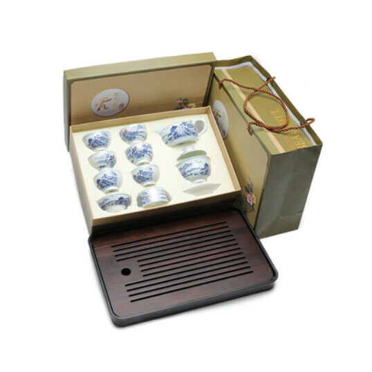 熱賣白瓷功夫茶具組合套裝【A6國畫山水【10頭蓋碗+茶盤】