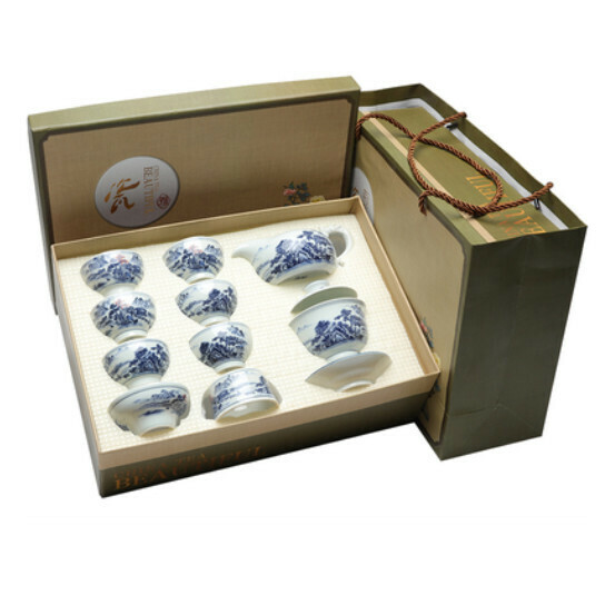 熱賣白瓷功夫茶具組合套裝【A2國畫山水【10頭壺】禮盒】
