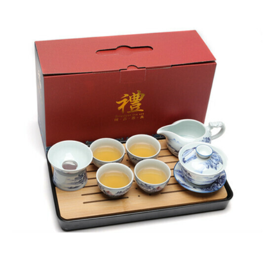 熱賣白瓷功夫茶具組合套裝【A8國畫山水【8頭蓋碗+茶盤】彩盒】