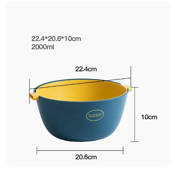 New vegetable sink drain basket fruit plate artifact rice basket double layer drain (blue and yellow medium size 2L)