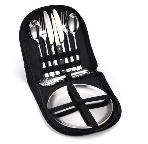 Hot selling portable outdoor camping tableware (silver 10-piece set - fan-shaped bag)