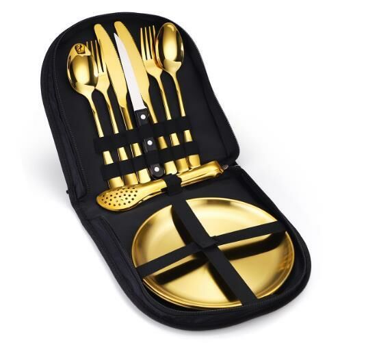 Hot selling portable outdoor camping tableware (gold 10-piece set - fan-shaped bag)