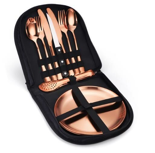 Hot selling portable outdoor camping tableware (rose color 10-piece set - fan-shaped bag)