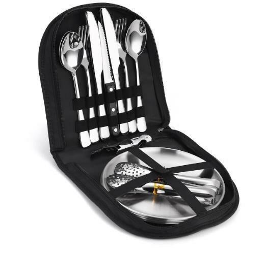 Hot selling portable outdoor camping tableware (silver 20-piece set - fan-shaped bag)