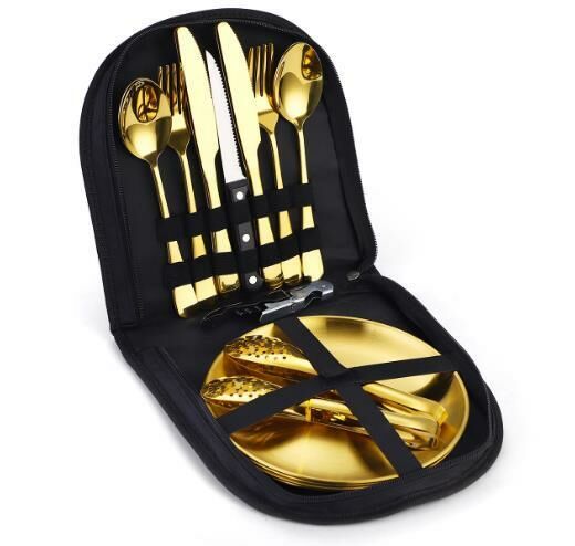 Hot selling portable outdoor camping tableware (gold 20-piece set - fan-shaped bag)