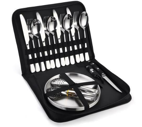 Hot selling portable outdoor camping tableware (silver 20-piece set-rectangular bag)