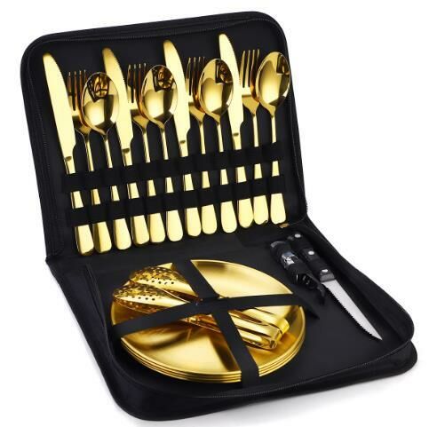 Hot selling portable outdoor camping tableware (gold 20-piece set-rectangular bag)