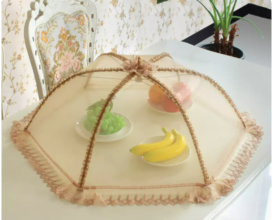 New round thick frame vegetable cover household folding cover dining table dustproof food meal cover (coffee embroidered lace) (size: diagonal 80CM)