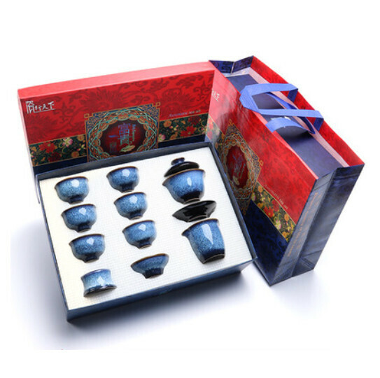新款窯變建盞茶具套裝【10頭蓋碗墨藍窯變（送禮盒)】
