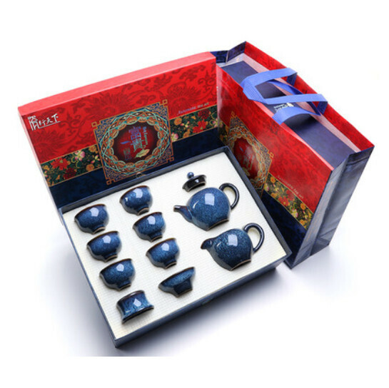 新款窯變建盞茶具套裝【10頭茶壺墨藍窯變（送禮盒)】