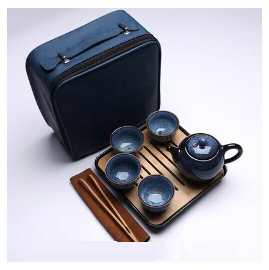 新款窯變建盞茶具套裝【茶盤+茶壺墨藍窯變(仿皮旅行包)】