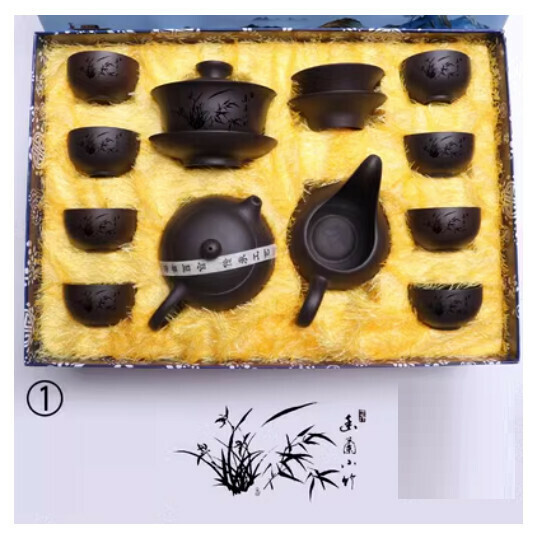 新款紫砂功夫茶具套裝【1-西施黑礦畫蘭小竹【禮盒】