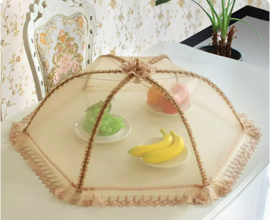 New round thick frame vegetable cover household folding cover dining table dustproof food meal cover (coffee embroidered edge) (size: diagonal 70CM)