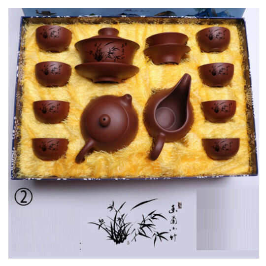 新款紫砂功夫茶具套裝【2-西施紅礦畫蘭小竹【禮盒】
