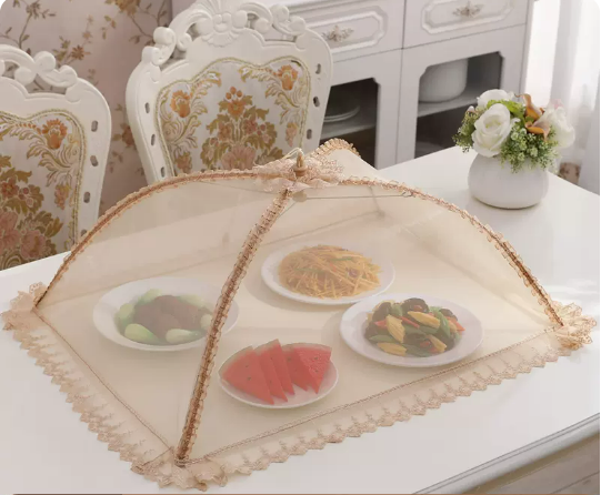 New rectangular thick frame vegetable cover household folding cover dining table dust-proof food meal cover (coffee embroidered lace) (size: 70*50CM)