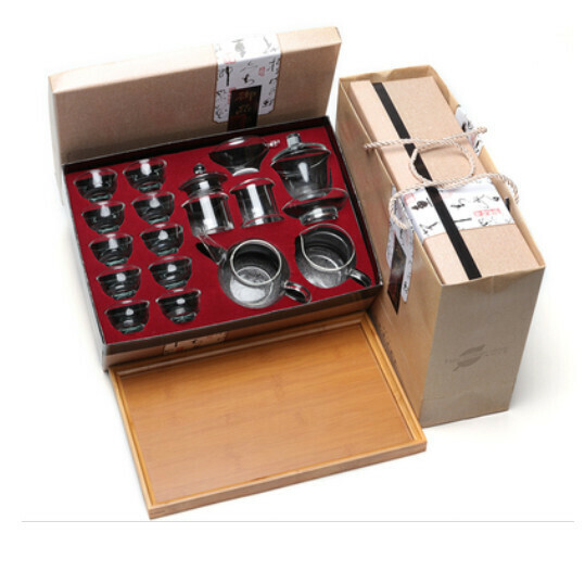 新款玻璃透明功夫茶具套裝【A1-玻璃套裝(15頭+茶奉)禮盒】