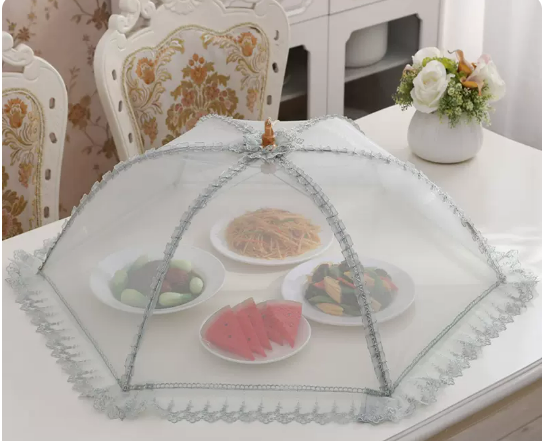 New round thick frame vegetable cover household folding cover dining table dustproof food meal cover (Nordic gray embroidered lace) (size: diagonal 80CM)