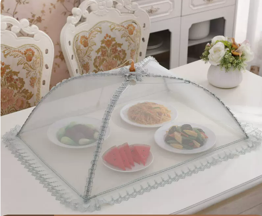 New rectangular thick frame vegetable cover household folding cover dining table dust-proof food meal cover (Nordic gray embroidered lace) (size: 70*50CM)