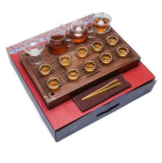 熱推玻璃透明功夫茶具套裝【A10-玻璃套裝15頭+木茶盤+禮盒】