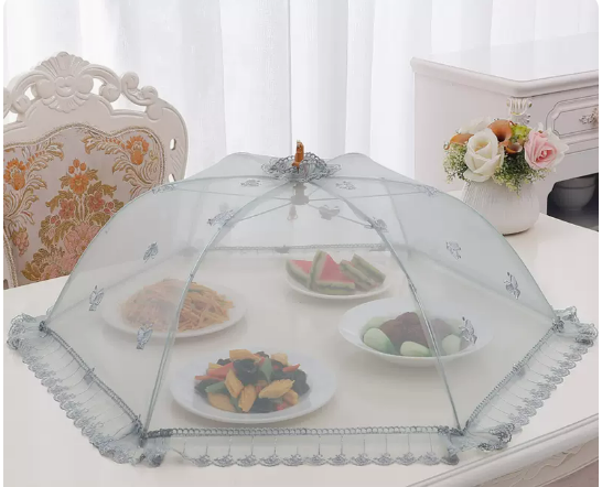Hot recommended round thick frame vegetable cover household folding cover dining table dust-proof food meal cover (butterfly embroidery Nordic gray) (size: diagonal 80CM)
