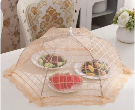 Hot recommended round thick frame dish cover household folding cover dining table dustproof food meal cover (classic grid) (size: diagonal 60CM)