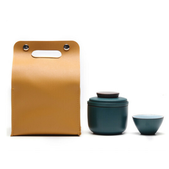 熱推戶外便攜式旅行茶具【A9圓點[墨綠]一壺大小杯黃皮包】