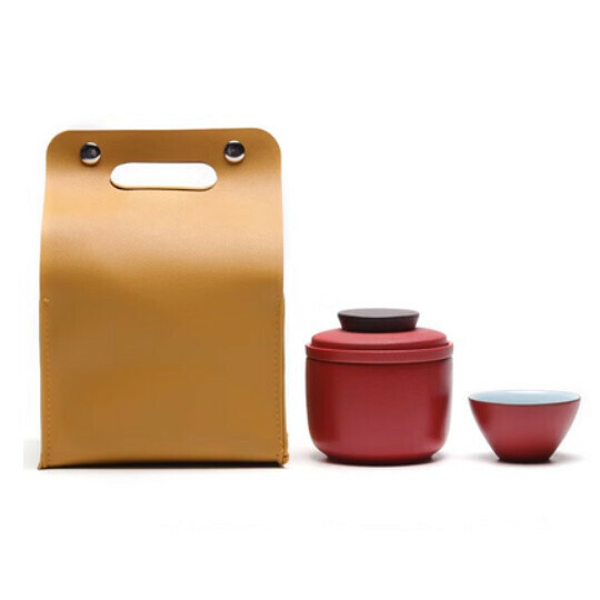 熱推戶外便攜式旅行茶具【A14圓點[紅]一壺大小杯黃皮包】