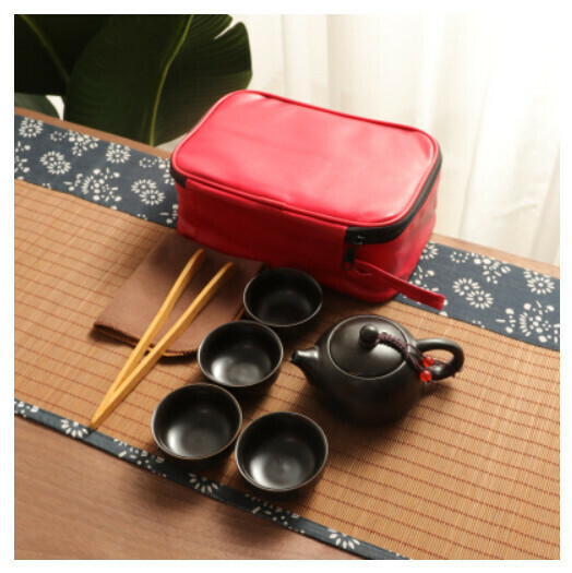 熱推定窯西施壺功夫茶具【西施壺黑一壺四杯紅皮包夾巾】