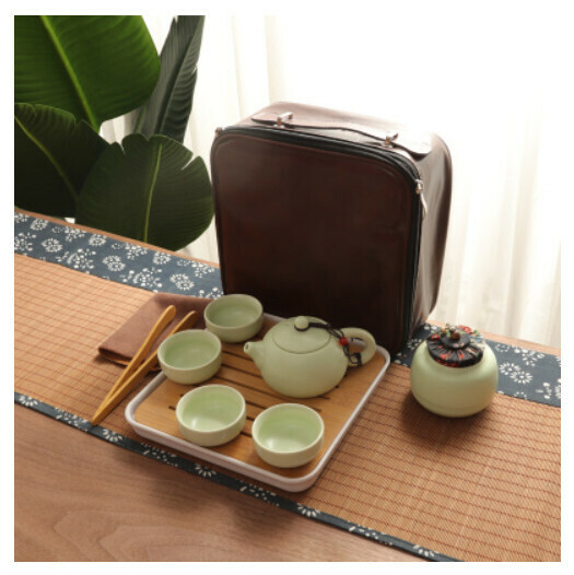 爆款定窯西施壺功夫茶具【西施壺青10件套巾夾巾盤暗紅皮包】
