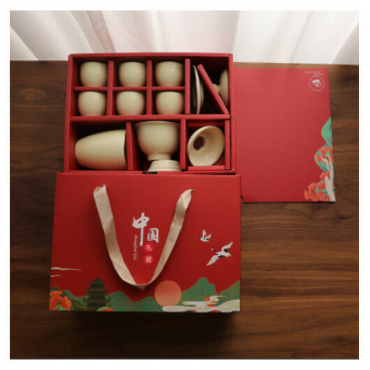 爆款蓋碗羊脂玉瓷功夫茶具套裝【描金寶石黃蓋碗10頭【送紅禮盒】