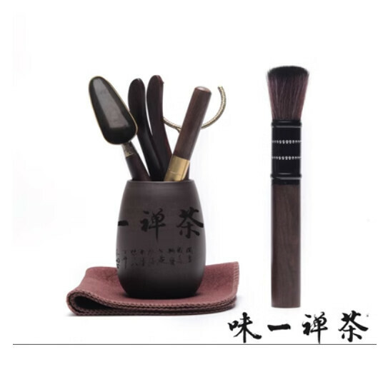 爆款六君子套裝配件喝茶用品夾子刷子茶刀泡茶工具【A9-黑(黑檀木)茶禪一味】