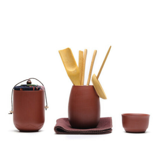 爆款六君子套裝配件喝茶用品夾子刷子茶刀泡茶工具【A14-紅+竹+罐+杯+巾】