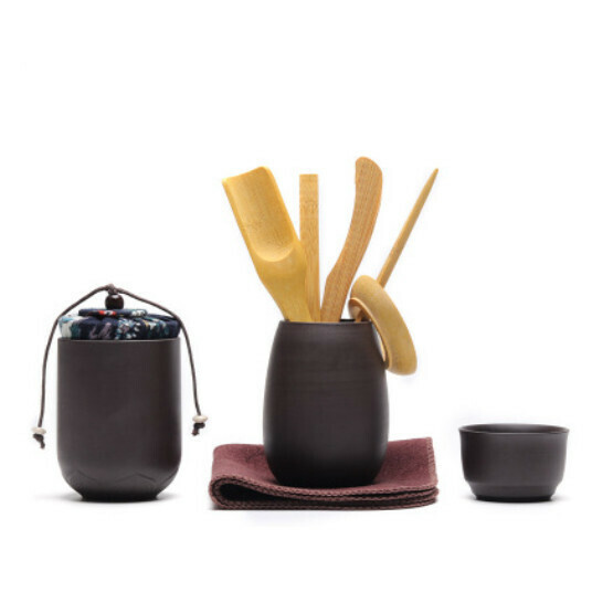 爆款六君子套裝配件喝茶用品夾子刷子茶刀泡茶工具【A12-黑+竹+罐+杯+巾】