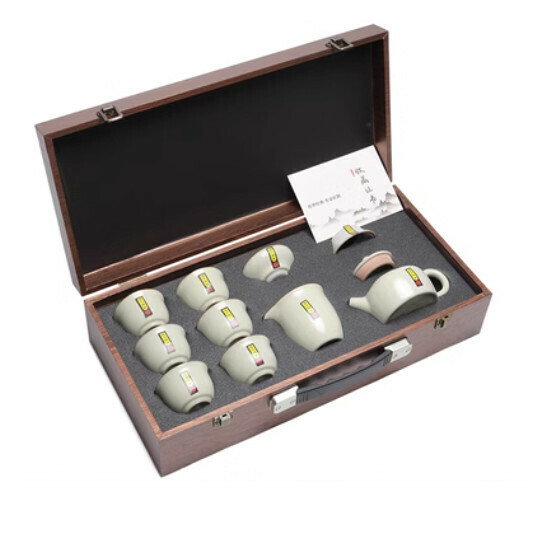 新款茶壺蓋碗泡茶茶具套裝【A6-哥窯【米黃10頭壺】手提箱】