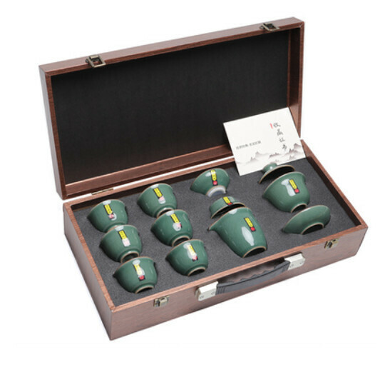 新款茶壺蓋碗泡茶茶具套裝【A7-哥窯【墨綠10頭蓋碗】手提箱】