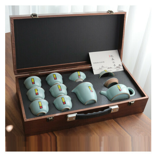 新款茶壺蓋碗泡茶茶具套裝【A5-哥窯【天藍10頭壺】手提箱】