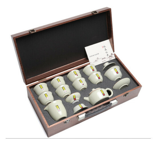 新款茶壺蓋碗泡茶茶具套裝【A3-哥窯【米黃13頭】送手提箱】