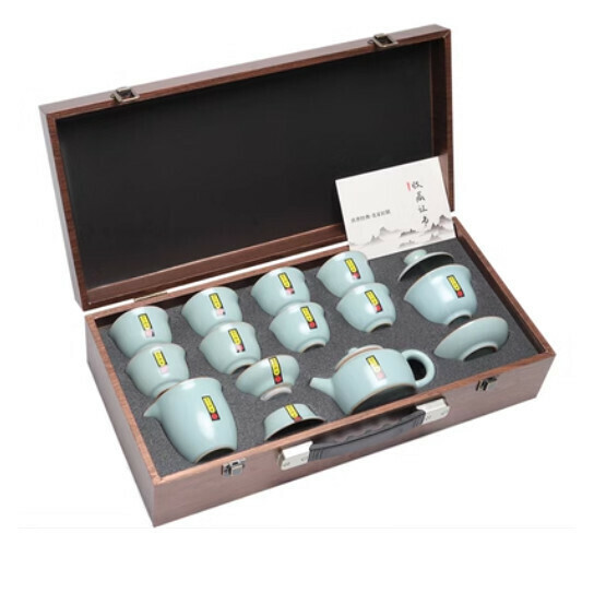 新款茶壺蓋碗泡茶茶具套裝【A2-哥窯【天藍13頭】送手提箱】