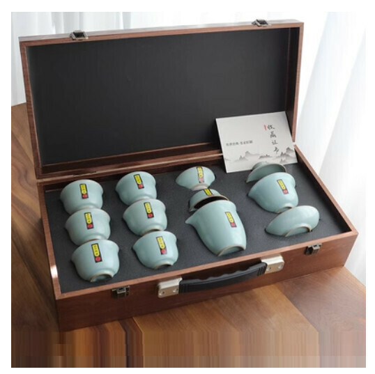 新款茶壺蓋碗泡茶茶具套裝【A8-哥窯【天藍10頭蓋碗】手提箱】