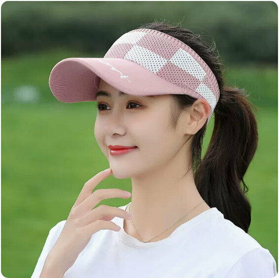 Hot summer outdoor hollow top sun hat (plaid style-pink)