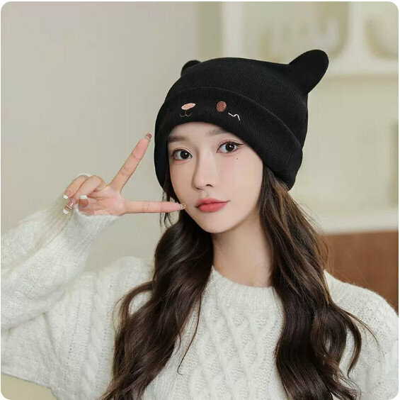 Hotly recommended winter knitted rabbit ears large head beanie (black) [One size fits all: 56-60cm]