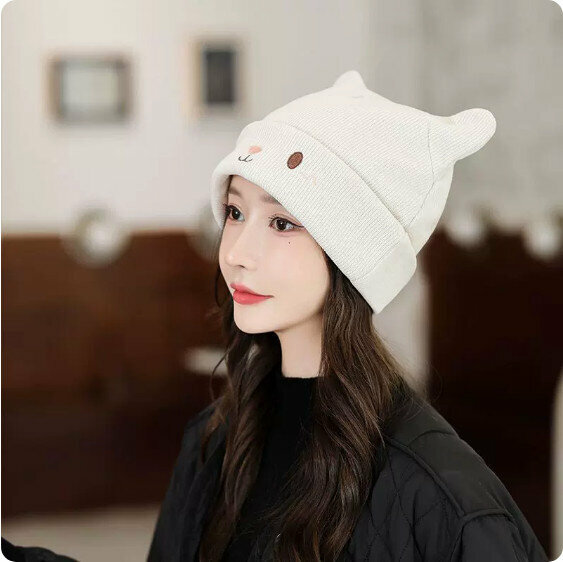 Hotly recommended winter knitted rabbit ears large head beanie (white) [One size fits all: 56-60cm]